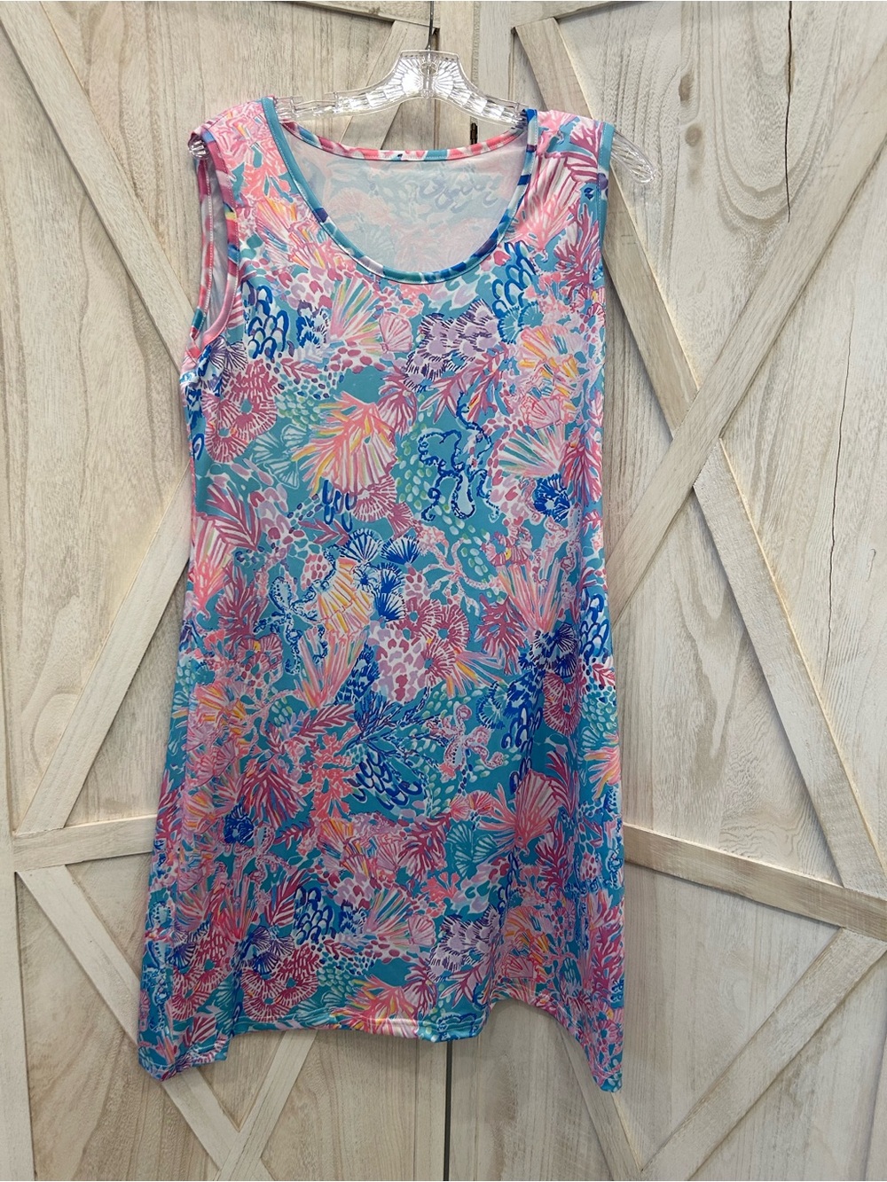 Sleeveless Floral Tropical Print Shift Dress - Blue Pink